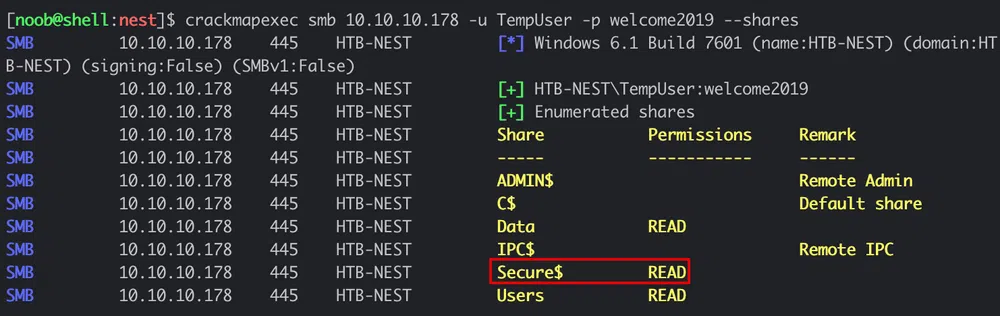 crackmapexec smb 10.10.10.178 -u TempUser -p welcome2019 — shares